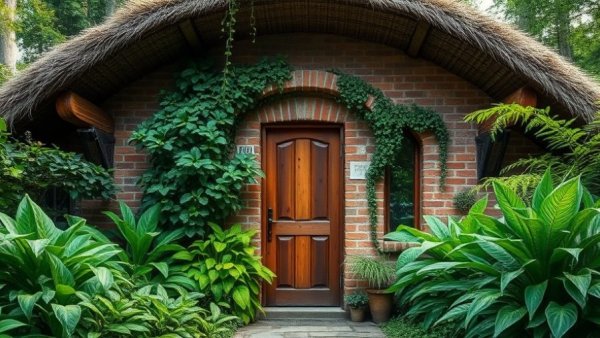 Sustainable home design with curved roof and lush greenery.
