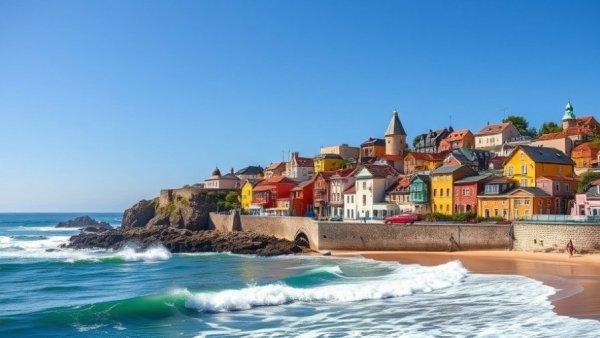 Vibrant coastal town with ocean waves and colorful houses.