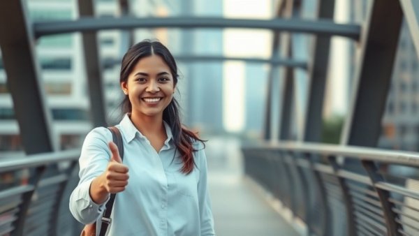 Happy woman giving thumbs up on bridge, Guiding Principles to Happiness.