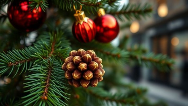 Close-up of a Christmas tree branch with decorations.