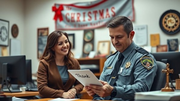 Officer reads sobriety thank you card while woman smiles in office.