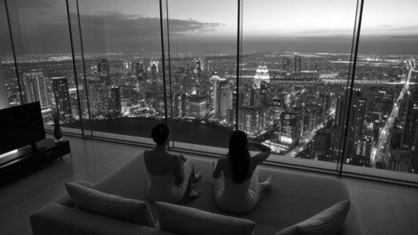 Elegant living room with city view at night, associated with positive business news.