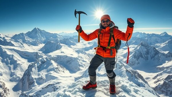 Man Who Lost Both Legs Conquers Everest, triumphant climber at mountain summit.