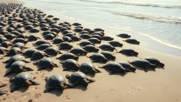Turtles nesting along a tranquil beach shore with soft waves.