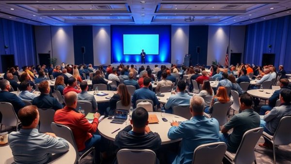 Engaged audience at a modern city presentation event.