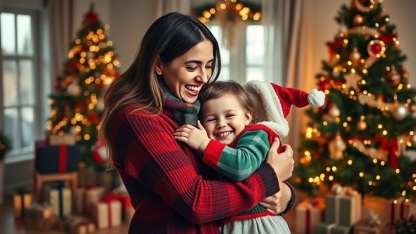 Mother and child enjoy festive moment with sustainable Christmas gifts.