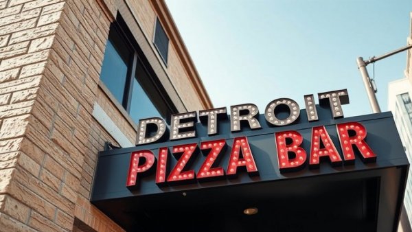 Bold Detroit Pizza Bar sign against textured wall under clear sky.