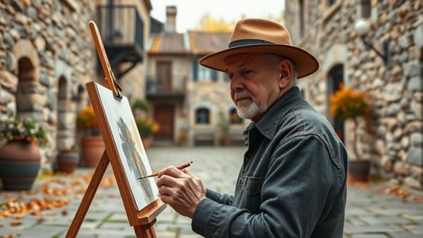 Elderly man painting outdoors in rustic autumn courtyard.