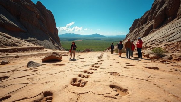 Dinosaur footprints in a rocky terrain in Bolivia with observers nearby.
