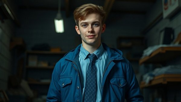 Young man in a dimly lit room, blue jacket, rustic background.