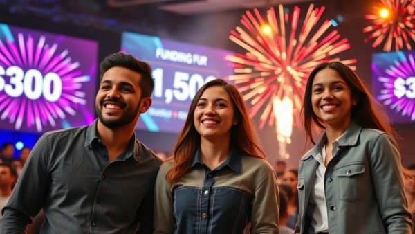 Young entrepreneurs celebrating coffee startup funding success on stage with fireworks.