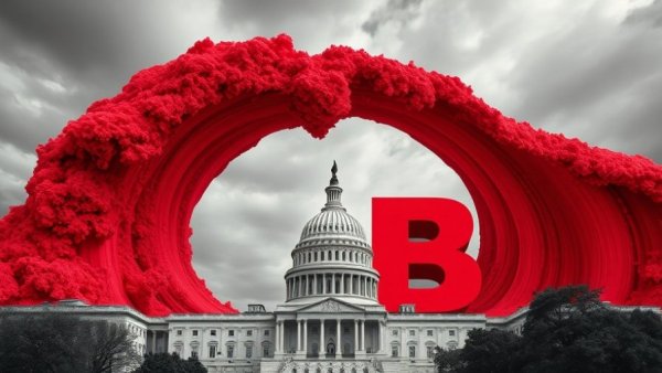 U.S. debt crisis symbolized by debt wave over Capitol.