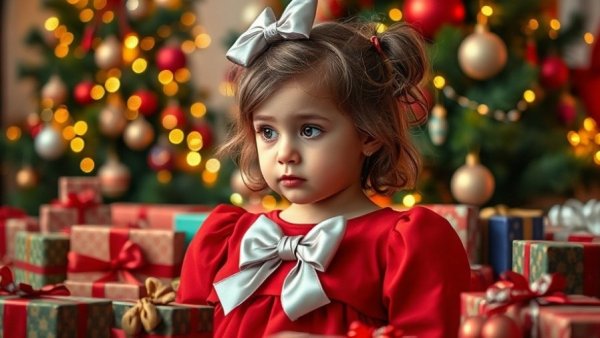 Young girl embodies the true spirit of Christmas with gifts.