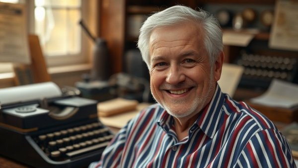 Older man smiling warmly with a vintage typewriter background.