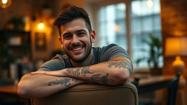 Tattooed man smiling in cozy venue, supporting saving Britain's grassroots music venues