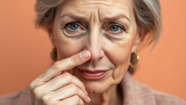Mature woman holding nose, likely reacting to smell, against a peach background.