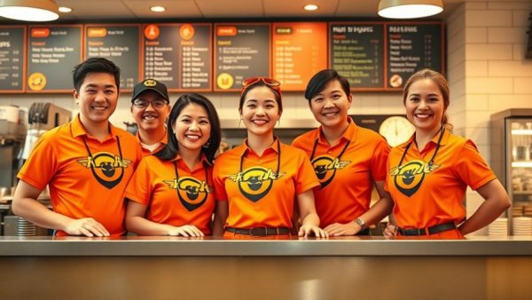 Inclusive restaurant staff in orange uniforms, smiling behind the counter.