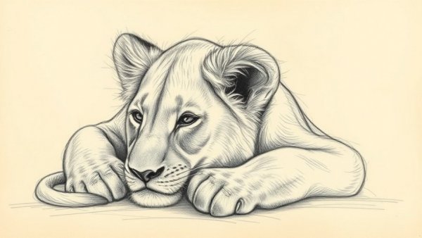 Rembrandt Young Lion Resting sketch depicting a contemplative lion.