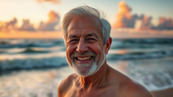 Elderly man smiling at beach, highlighting positive conservation efforts 2025.