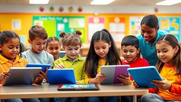 Children learning with tablets in government school digital literacy program.