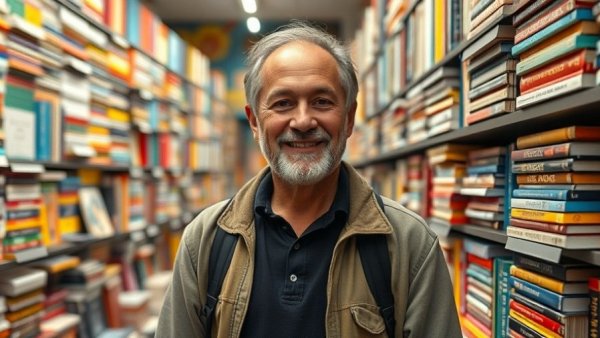 Man in a bookstall with colorful shelves, related to Bookstall That Shaped IAS & IPS Officers.