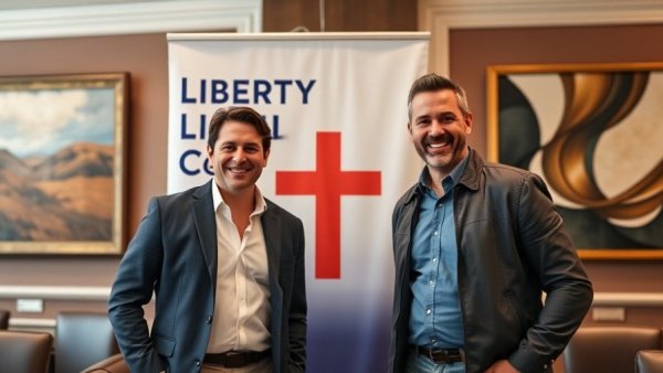 Liberty Counsel event with banner featuring a Christian cross flag.