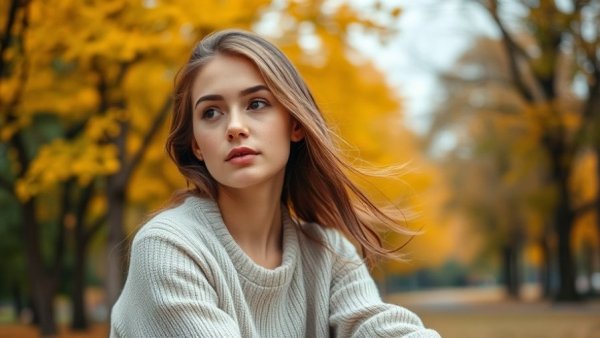 Jaclyn Skurie in an autumn park looking contemplative.