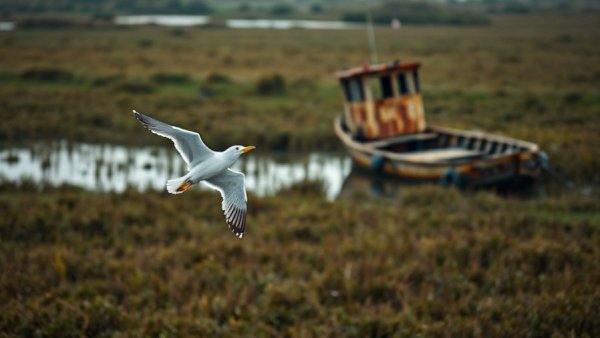 Seagull flying over marsh with old boat, symbolizing abandoned oil refineries wildlife sanctuaries.