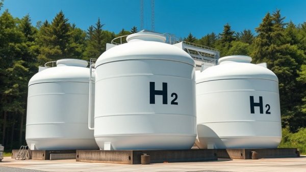 EU hydrogen projects: large H2 tanks on sunny day.
