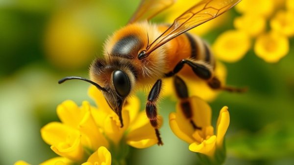 Bee gathering nectar on yellow flowers, emotional life of bees.