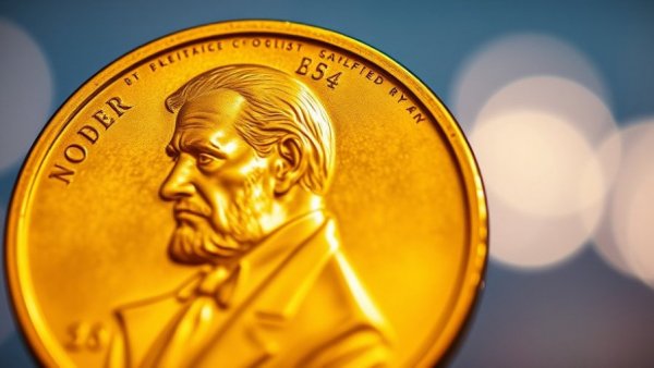 Close-up of gold Nobel Prize medal with Alfred Nobel engraving.