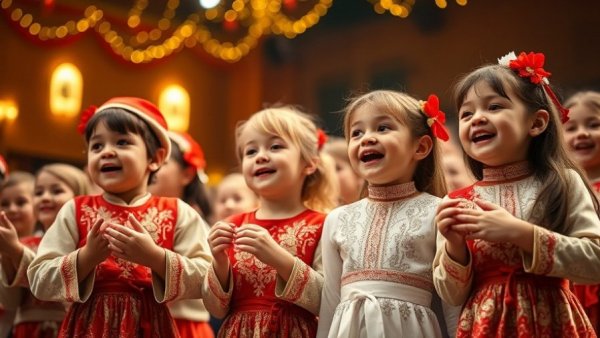 Children's group singing in festive attire in warm auditorium.