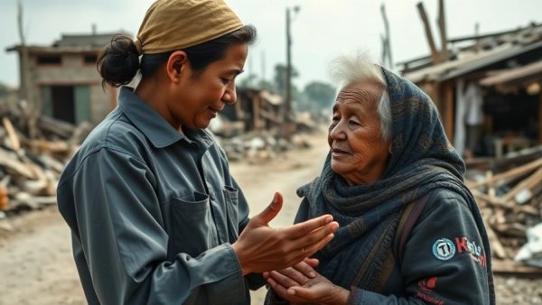 Compassionate aid worker offering support in disaster zone, Food For The Poor Relief Efforts.