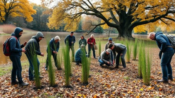 Volunteers planting willow trees for bank stabilization by a river.