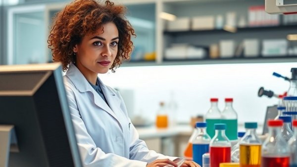 Curly-haired woman in lab, focused on computer, good news for entrepreneurs.