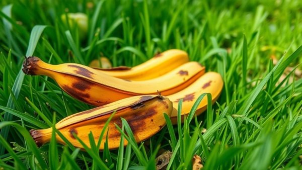 Eco-friendly fertilizer from banana peels on grass.