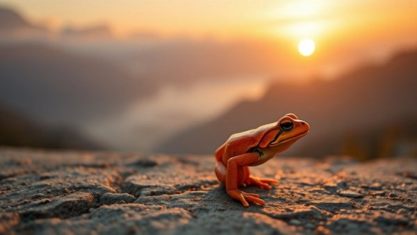 New pumpkin toadlet species on misty mountain backdrop during sunset.
