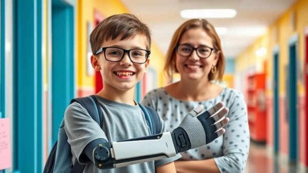Student with 3D-Printed Prosthetic Hand smiling with teacher in school.
