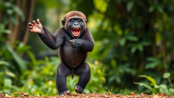 Young gorilla playfully poses in forest, Positive Business News.