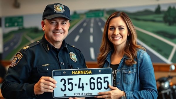Routine Traffic Stop Changes Lives: Smiling officer and woman with '10 Years' license plate in casual setting.