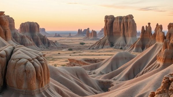 Stunning rock formations in Theodore Roosevelt National Park at dusk.