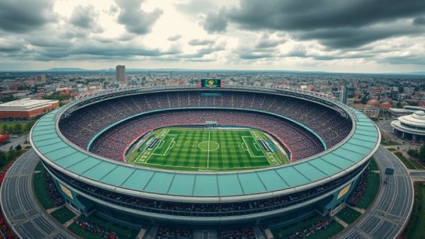 A football match at a modern stadium, aerial view.