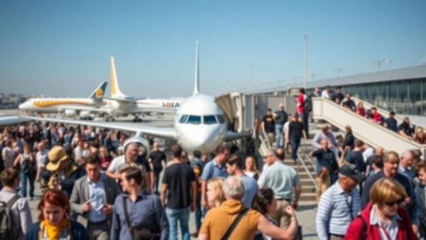 Crowded tarmac as flights still being cancelled; passengers await.