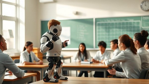 Low-cost humanoid robot in a classroom for educational purposes.