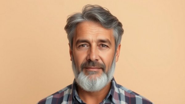 Man with beard and checkered shirt in neutral expression.