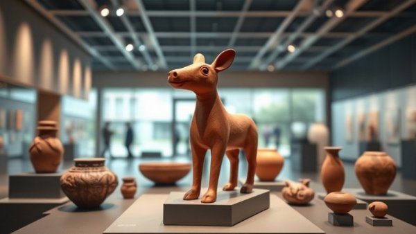 Pre-Columbian clay artifacts displayed in a museum.