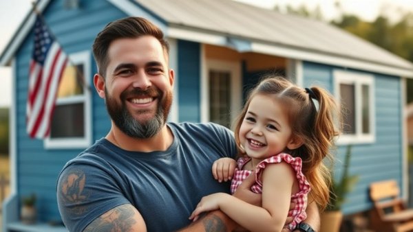 Gift of tiny home brings veteran joy with daughter outside.