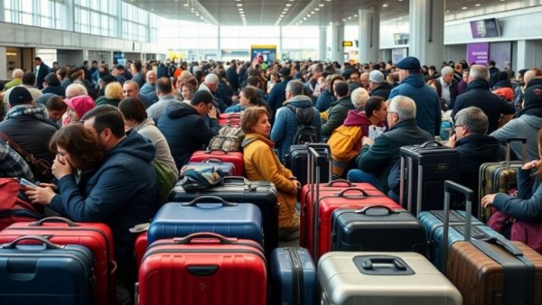 IndiGo flight cancellations causing chaos at busy airport terminal.