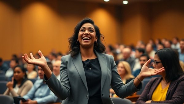Confident woman embracing fear for business growth at conference.