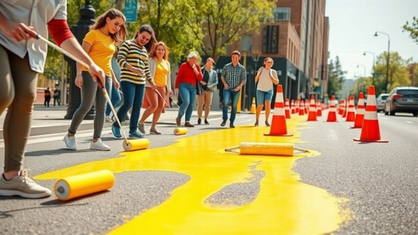Community effort painting roads yellow for safety enhancement.